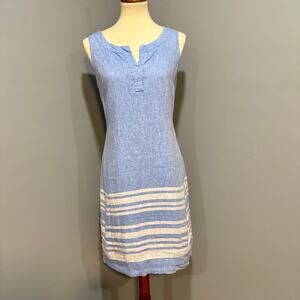 Talbots Blue Split Neck Linen Shift Dress Striped Hem Sleeveless Lined, Size 4P
